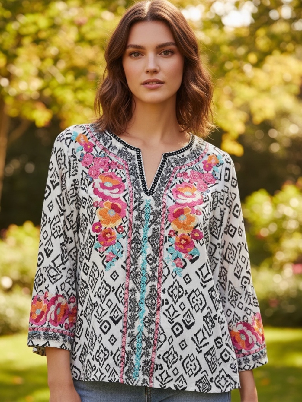 Savanna Jane White & Black Floral Embroidered Boho Tunic Blouse